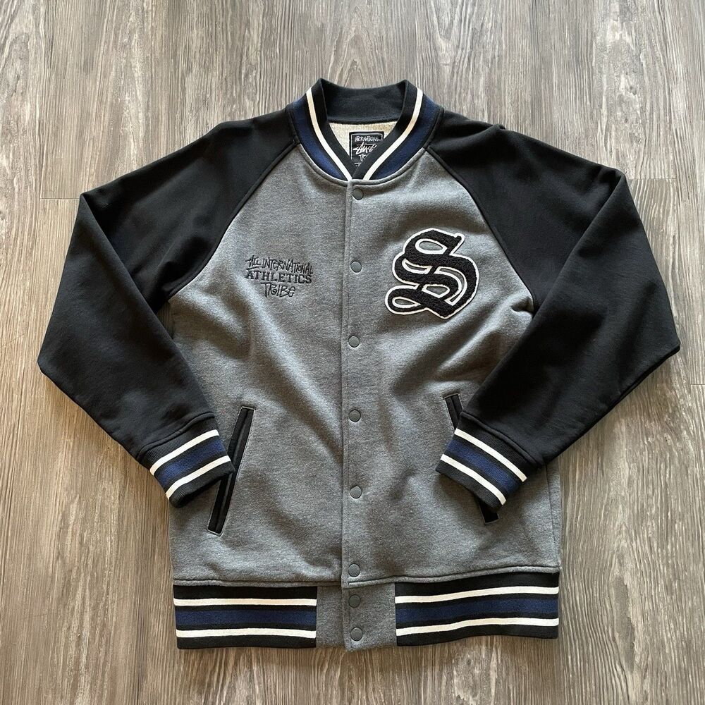 Stussy Letterman Jacket Black / Grey Mens Sz L